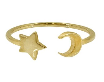 Solid 10k Yellow Gold Crescent Moon Star Ring Adjustable Gold Ring Dainty Rings Ladies Rings Star Celestial Jewellery Solid Gold Ring