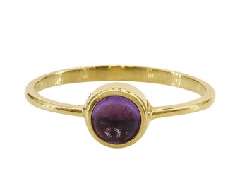 Solid 10k Gold Amethyst Bezel Set Band Ring 6MM Round Purple Amethyst Ring Birthstone Ring Real Yellow Gold Ladies Ring Gifts For Her