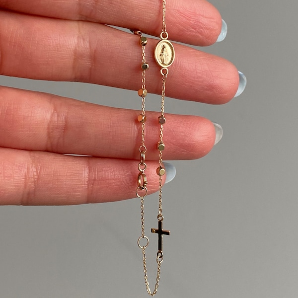 Solid 10k Gold Rosary Bead Bracelet Adjustable Gold Bracelet Religious Rosary Bead Necklace Solid Gold Links Real Gold Unisex Charm Bracelet