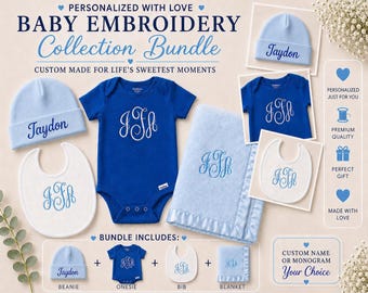 Personalized Blue Baby Boy Gift Set, Custom Baby Hat and Onesie, Monogram Baby Outfit, Baby Shower Gift Boy, Newborn Boy Outfit