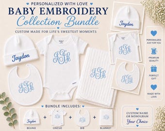 Personalized Baby Boy Bundle, Custom White Beanie, Onesie, Bib, Blanket