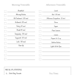 May include: A black and white printable timetable for a Monday schedule. The timetable is divided into two sections: Morning Timetable and Afternoon Timetable. The Morning Timetable includes activities such as breakfast, morning routine, Old Testament, arithmetic, poetry, break, geography, copywork, Latin, and clean up. The Afternoon Timetable includes activities such as lunch, rest, afternoon occupations, chores, supper, piano lessons, leisure, prepare for co-op, bedtime routine, and lights out at 9pm. The timetable also includes a meal planning section with options for breakfast, lunch, and supper. The meal planning section includes Dutch baby pancake, spaghetti and meat sauce, and Asian rice bowls. The timetable also includes a tea time section with the option of fruit and cheese.