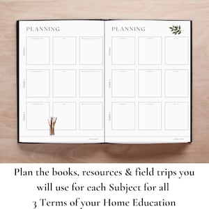 May include: A black and white planner with the word "PLANNING" at the top of each page. The planner is divided into three terms, with columns for different subjects, such as math, art, and science. The planner is open to a page with a pencil drawing of paintbrushes.