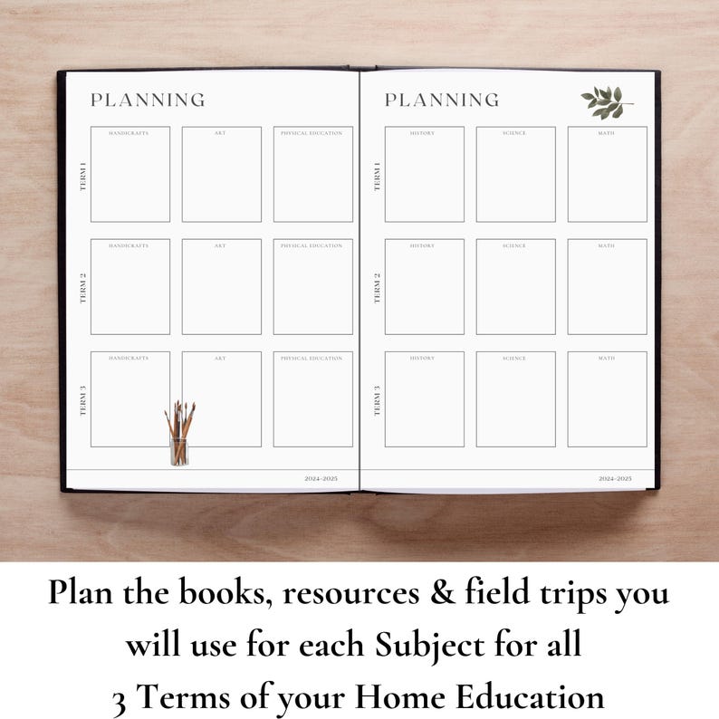 May include: A black and white planner with the word "PLANNING" at the top of each page. The planner is divided into three terms, with columns for different subjects, such as math, art, and science. The planner is open to a page with a pencil drawing of paintbrushes.