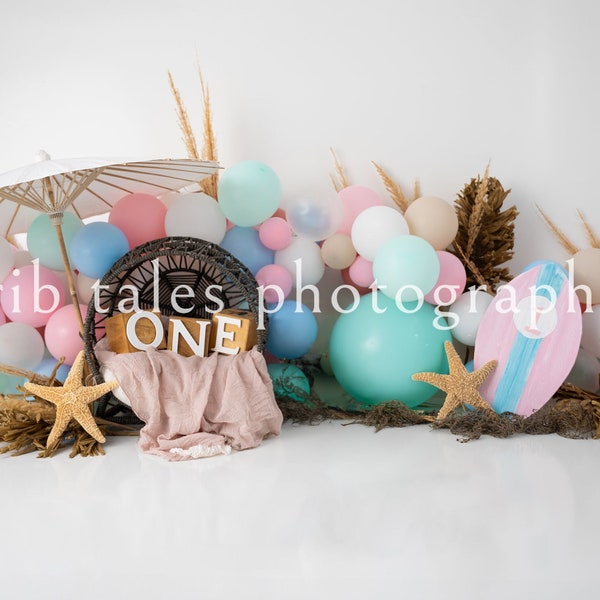 Photography Digital Backdrop - Beachy Boho One Year Cake Smash Backdrop. First Birthday Beach Party Backdrop for Cake Smash Photography