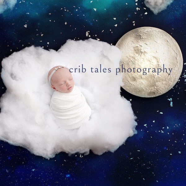 Moon, Stars, and Clouds Newborn Photography Digital Backdrop for Composite - Night Sky - Blue, White, Silver. White clouds navy background