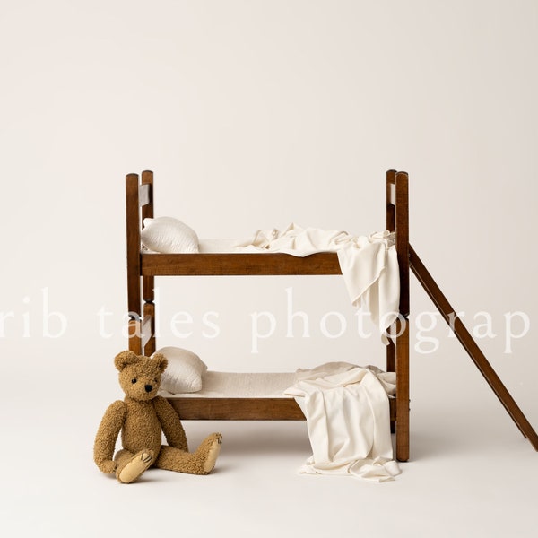 Digital Photography Backdrop - Twin Bunk Beds for Newborn Photography Composite. Cream and Brown with Vintage Teddy Bear