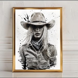 Art mural abstrait cow-girl - toile western moderne avec femme blonde au chapeau de cow-boy, style ferme rustique pour une décoration unique