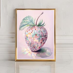 Retro Erdbeer Disco Ball Print, Küchendruck, Funky Food Wohnkultur, Küchenwandkunst, Preppy Zitrusfrucht Wandkunst, DIY Dekor