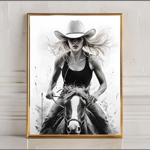 Art mural abstrait cow-girl - toile western moderne avec femme blonde au chapeau de cow-boy, style ferme rustique pour une décoration unique