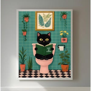 Bathroom Wall Art, Cat Bathroom Poster, Black and White Art, Bathroom Print, Maximalist Art, Modern Wall Art, Home Decor, Fun Wall Art