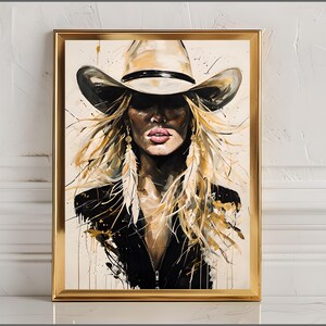 Art mural abstrait cow-girl - toile western moderne avec femme blonde en chapeau de cowboy, style ferme rustique pour une décoration unique, art mural girly