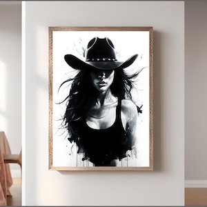 Art mural abstrait cow-girl - toile western moderne avec femme blonde au chapeau de cow-boy, style ferme rustique pour une décoration unique
