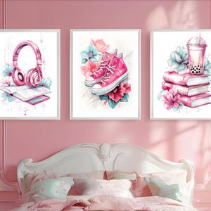 Art Deco Wall Art, Tween Teen Girls Bedroom Decor, Set of 3 Preppy Wall Art, Wall Art Hangings, Head Phones Art, Teen Girls Art, Printable