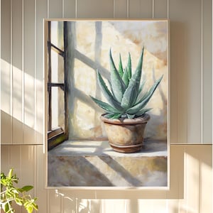 Könnte beinhalten: Gerahmtes Gemälde einer Aloe Vera Pflanze in einem braunen Topf, auf einer Fensterbank. Die Pflanze hat lange, grüne, stachelige Blätter. Der Hintergrund zeigt ein Fenster und eine Wand mit Schatten.