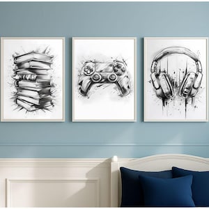 Gamer-väggkonst, väggkonst för tonårsrum, väggkonsttryck med gamer, set med 3 skissade gamer-tryck, väggkonst med gamer, gamerpresent till honom