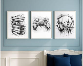 Gamer Wandkunst, Teen Jungen Zimmer Wand Kunst Drucke, Gamer Wand Kunst Drucke, 3er-Set Skizziert Gamer Drucke, Gamer Wand Kunst, Gamer Geschenk für ihn