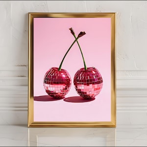 Disco Cherry Wall Art, Printable Wall Art, Silver Disco Ball Maximalist Painting, Girly Poster, Trendy Dopamine Decor, Mirror Ball