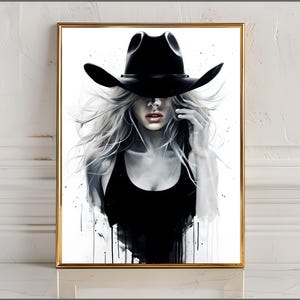 Art mural abstrait cow-girl - toile western moderne avec femme blonde au chapeau de cow-boy, style ferme rustique pour une décoration unique
