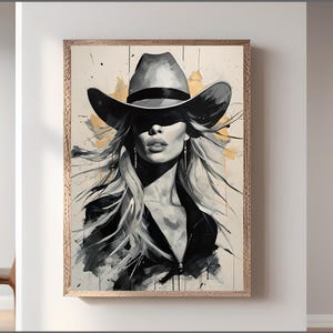 Art mural abstrait cow-girl - toile western moderne avec femme blonde au chapeau de cow-boy, style ferme rustique pour une décoration unique