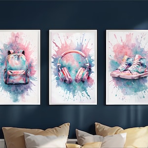 Splash Wall Art, Teen Boy Wall Art, Tween Teen Girls Bedroom Decor, Set of 3 Preppy Wall Art, Head Phones Art, Teen Girls Art, Printable