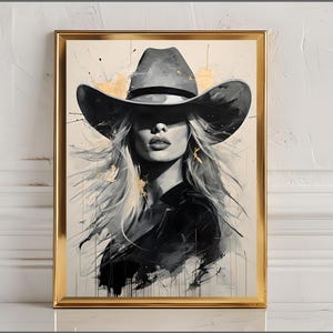 Art mural abstrait cow-girl - toile western moderne avec femme blonde au chapeau de cow-boy, style ferme rustique pour une décoration unique