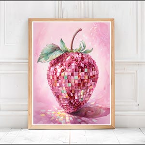 Retro Erdbeer Disco Ball Print, Küchendruck, Funky Food Wohnkultur, Küchenwandkunst, Preppy Zitrusfrucht Wandkunst, DIY Dekor