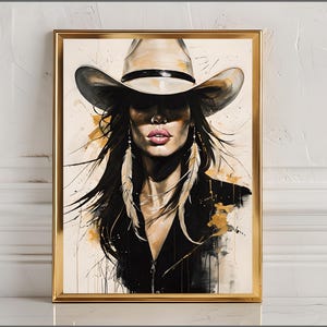 Art mural abstrait cow-girl - toile western moderne avec femme brune au chapeau de cow-boy, style ferme rustique pour une décoration unique, art mural girly