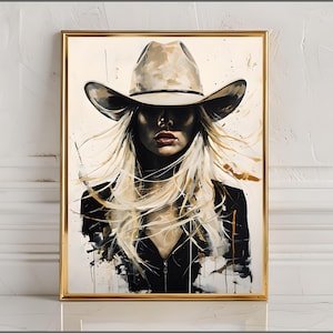 Art mural abstrait cow-girl - toile western moderne avec femme blonde au chapeau de cow-boy, style ferme rustique pour une décoration unique