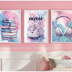Personalized Tween Teen Girls Bedroom Decor, Set of 3 Preppy Wall Art, Wall Art Hangings, Head Phones Art, Teen Girls Art, Printable