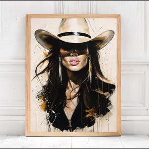 Art mural abstrait cow-girl - toile western moderne avec femme brune au chapeau de cow-boy, style ferme rustique pour une décoration unique, art mural girly