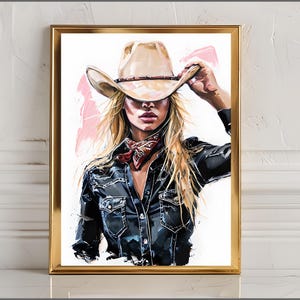 Art mural abstrait cow-girl - toile western moderne avec femme blonde au chapeau de cow-boy, style ferme rustique pour une décoration unique