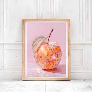 Retro Disco Ball Pfirsich Druck, Küchendekoration, Küche Wandkunst, Hipster Essen, Zitrusfrüchte Wandkunst, DIY Dekor, Geschenk für Sie