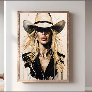 Art mural abstrait cow-girl - toile western moderne avec femme blonde en chapeau de cowboy, style ferme rustique pour une décoration unique, art mural girly