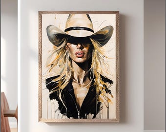 Abstracte cowgirl-kunstprint: modern westers decor (digitale png-downloadafdrukbare afbeeldingen, afdrukbare kunst