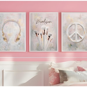 Personalized Tween Teen Girls Bedroom Decor, Set of 3 Preppy Wall Art, Wall Art Hangings, Head Phones Art, Teen Girls Art, Printable