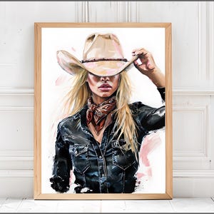 Art mural abstrait cow-girl - toile western moderne avec femme blonde au chapeau de cow-boy, style ferme rustique pour une décoration unique