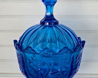 Lovely Daisy Floral Blue Glass Candy Dish with Lid.