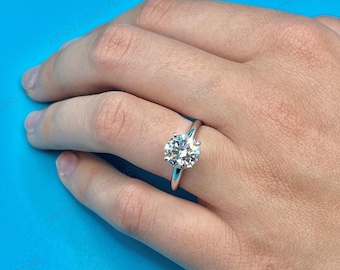 2 Ct Natural Diamond Ring | Round Cut VVS1-SI1 DEF | 4-Prong 925 Silver with 18K White Gold Finish | Certified IGL&I | Size 4–12