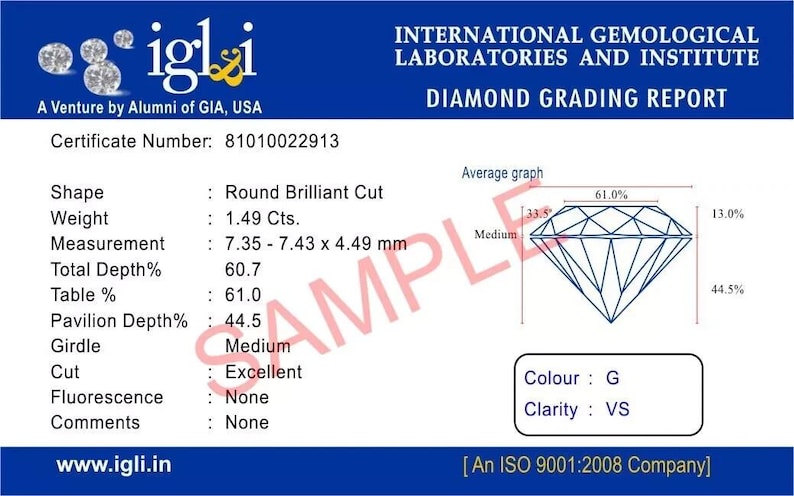 May include: A diamond grading report from IGLI, featuring a round brilliant cut diamond. The report details the diamond's weight (1.49 Cts), measurements (7.35-7.43 x 4.49 mm), and clarity (VS). The report includes a diagram and the text "SAMPLE".