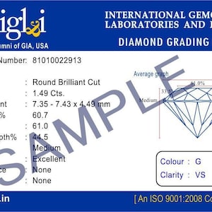 May include: Diamond grading report from IGLI, featuring a round brilliant cut diamond. The report details the diamond's weight at 1.49 carats, with measurements of 7.35-7.43 x 4.49 mm. The color is G, and clarity is VS. Includes a diagram.