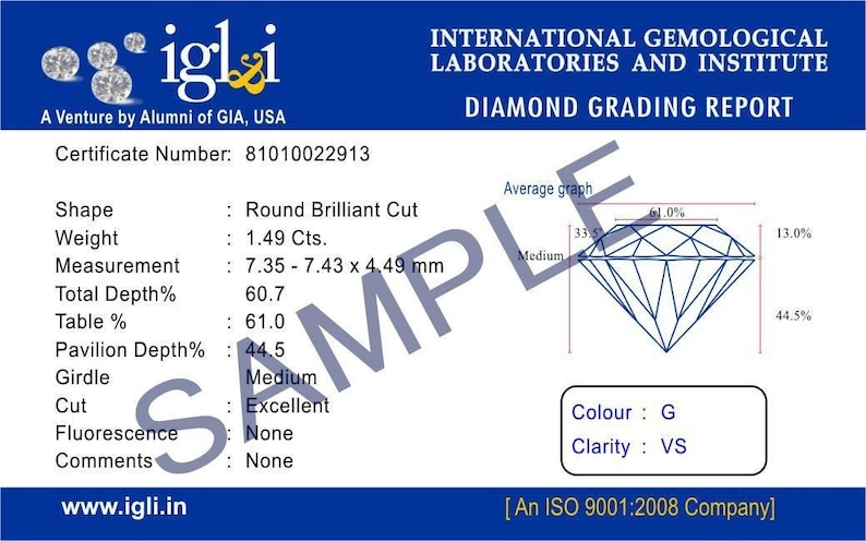 May include: Diamond grading report from IGLI, featuring a round brilliant cut diamond. The report details the diamond's weight at 1.49 carats, with measurements of 7.35-7.43 x 4.49 mm. The color is G, and clarity is VS. Includes a diagram.