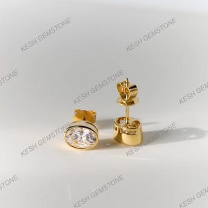 Elegant Oval Bezel Diamond Stud Earrings, Solid 925 Silver 14K Gold Finish, Natural HPHT Diamonds, Screw Back, Fine Jewelry