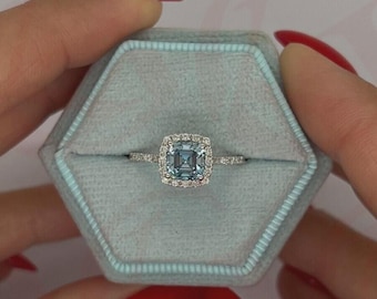 2.15 Ct Blue Diamond Excellent Cut Asscher Cut Halo Ring Engagement Ring