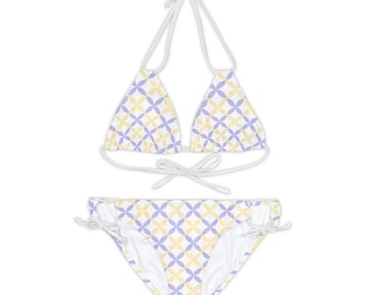 Ensemble bikini à bretelles fleur blanche géométrique violet & jaune