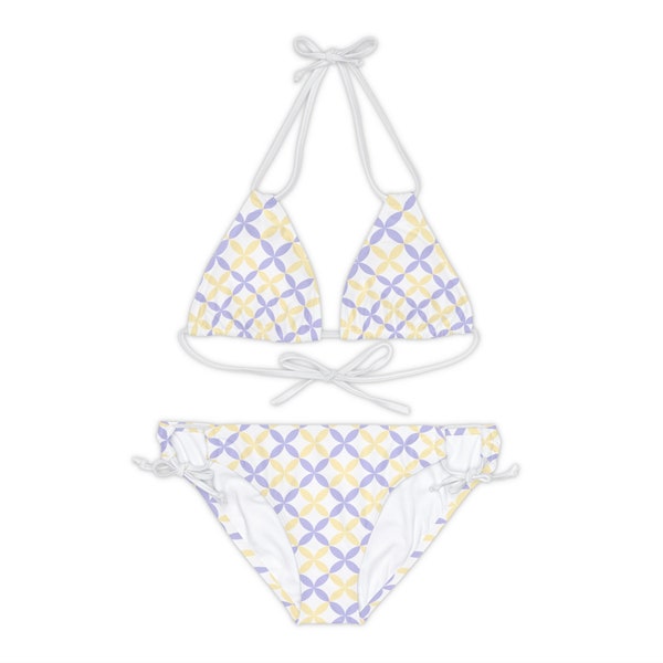 Strappy Bikini Set white Flower Geometric purple & yellow