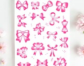 Aesthetic Pink Bow Stickers – Bujo Sticker Sheet, Handmade Girly Deco & Coquette Ribbon Stickers for Planner, Gift Wrap and Packaging