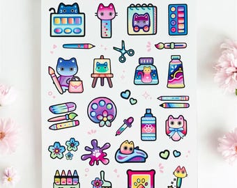 Art Cat Sticker Sheet • Cute Pastel Art Supplies Stickers • Creative Cat Crafts • 4x6 Stationery Stickers • Matte, Glossy or Holographic