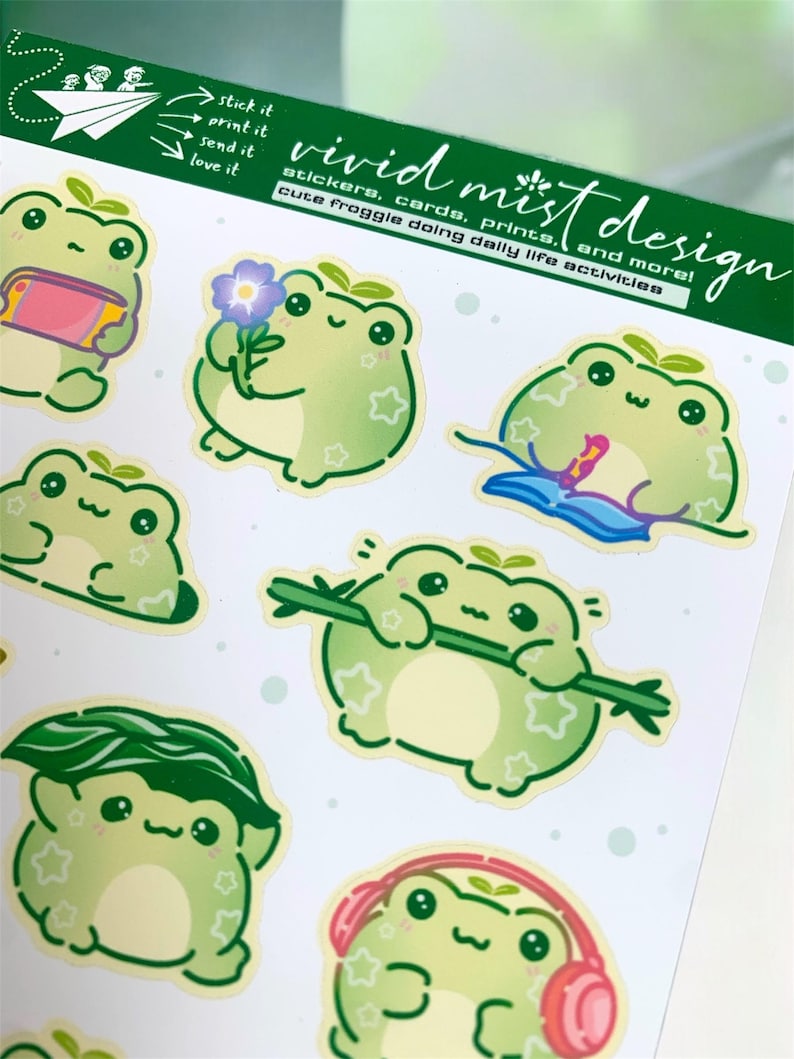 Each sticker is individually die-cut with a smooth white border, ready to peel and stick. The sheet is sized at 4×6 inches, making it perfect for planners, journals, scrapbooks, pen pal letters, laptop decoration, water bottles, and cozy desk setups. The overall mood of the image is gentle, calming, playful, and comforting—ideal for frog lovers, stationery collectors, and anyone who enjoys cute character art.