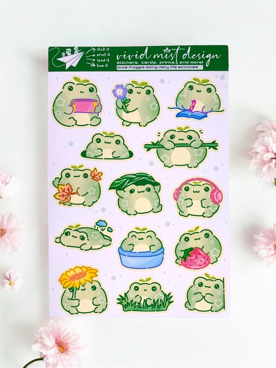 Cute Frog Sticker Sheet 4x6 • Cozy Kawaii Frogs • Planner Journal Scrapbook Stickers • Pastel Animal Stickers • Matte Glossy Holographic
